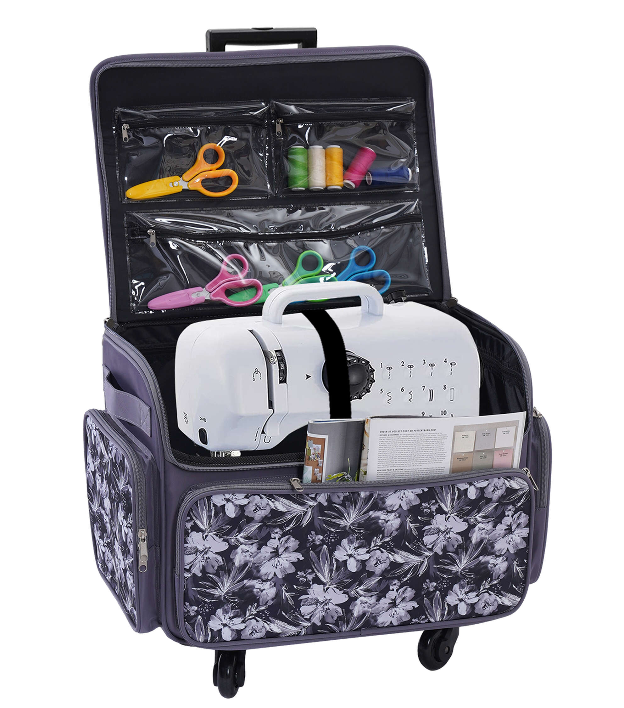 13′′ x 18′′ Purple & Black Floral Rolling Sewing Storage Tote by Top Notch