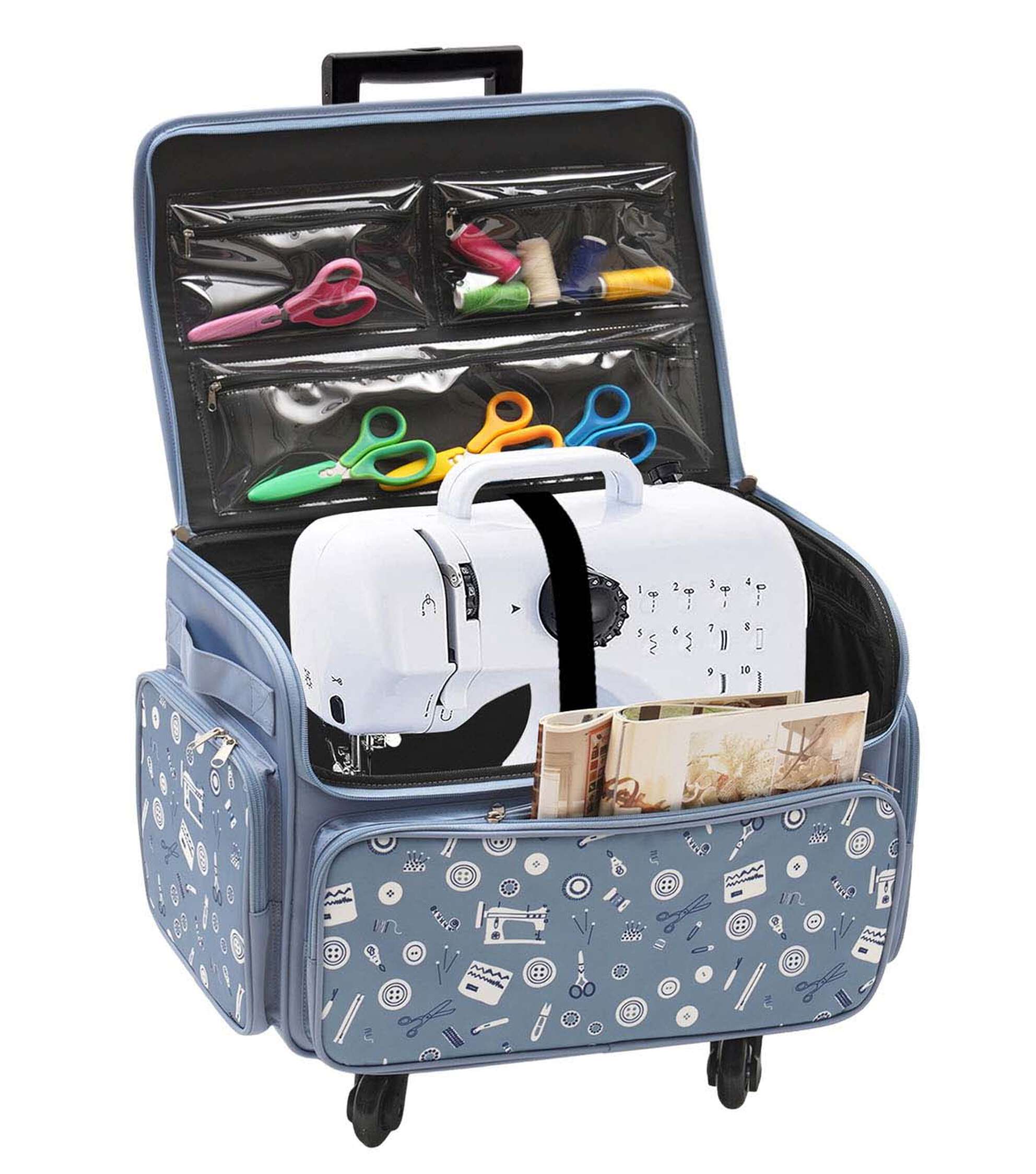 13′′ x 18′′ Sewing Print on Blue Rolling Sewing Storage Tote by Top Notch