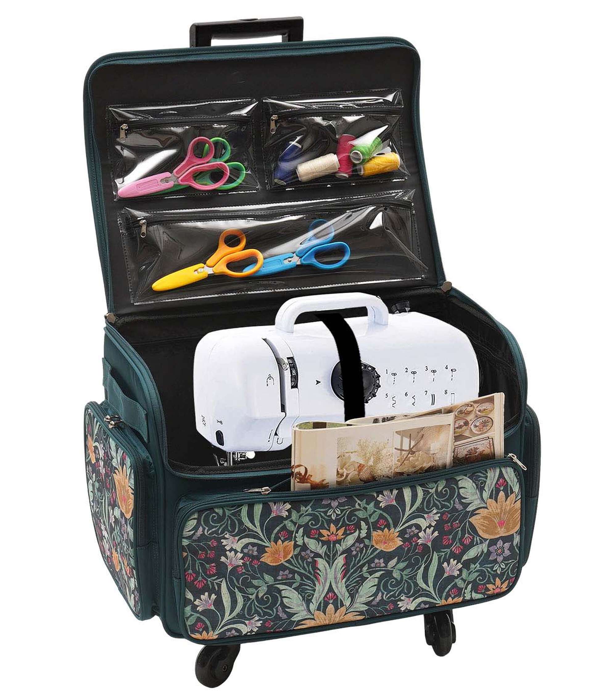 13′′ x 18′′ Teal Floral Rolling Sewing Storage Tote by Top Notch