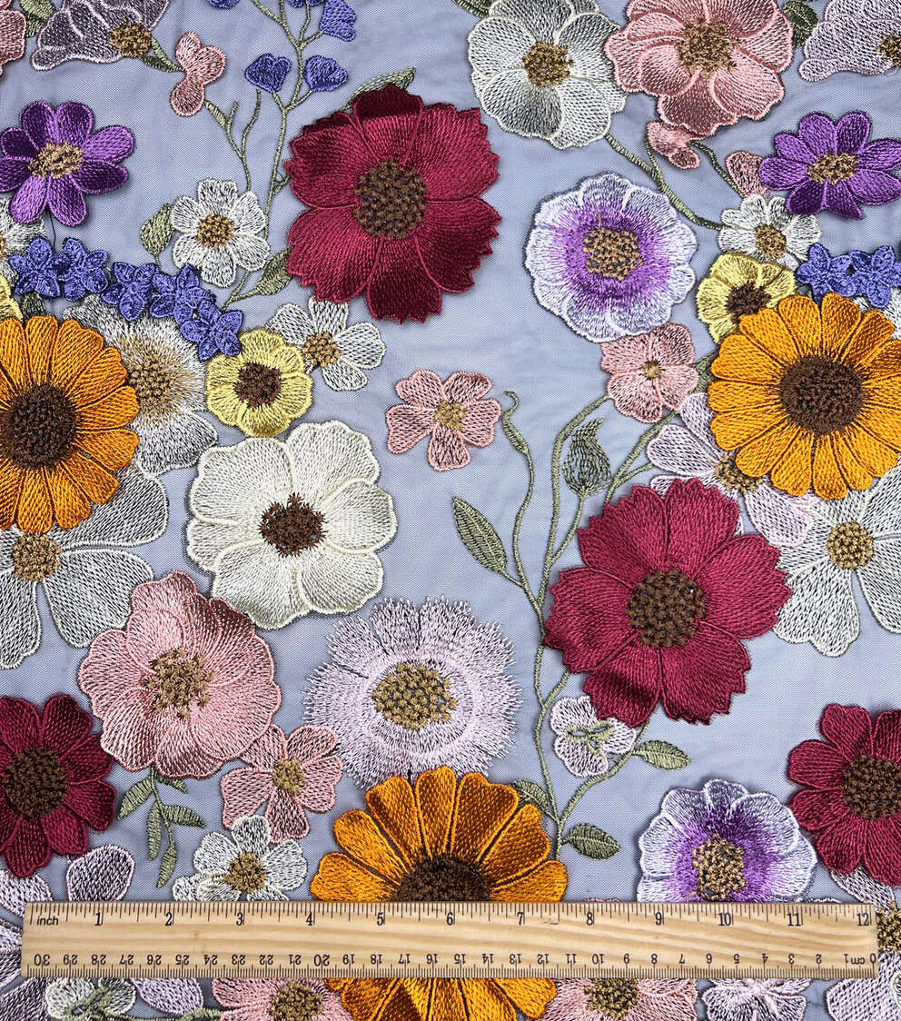 Multicolor 3D Embellished Floral on Black Mesh Fabric