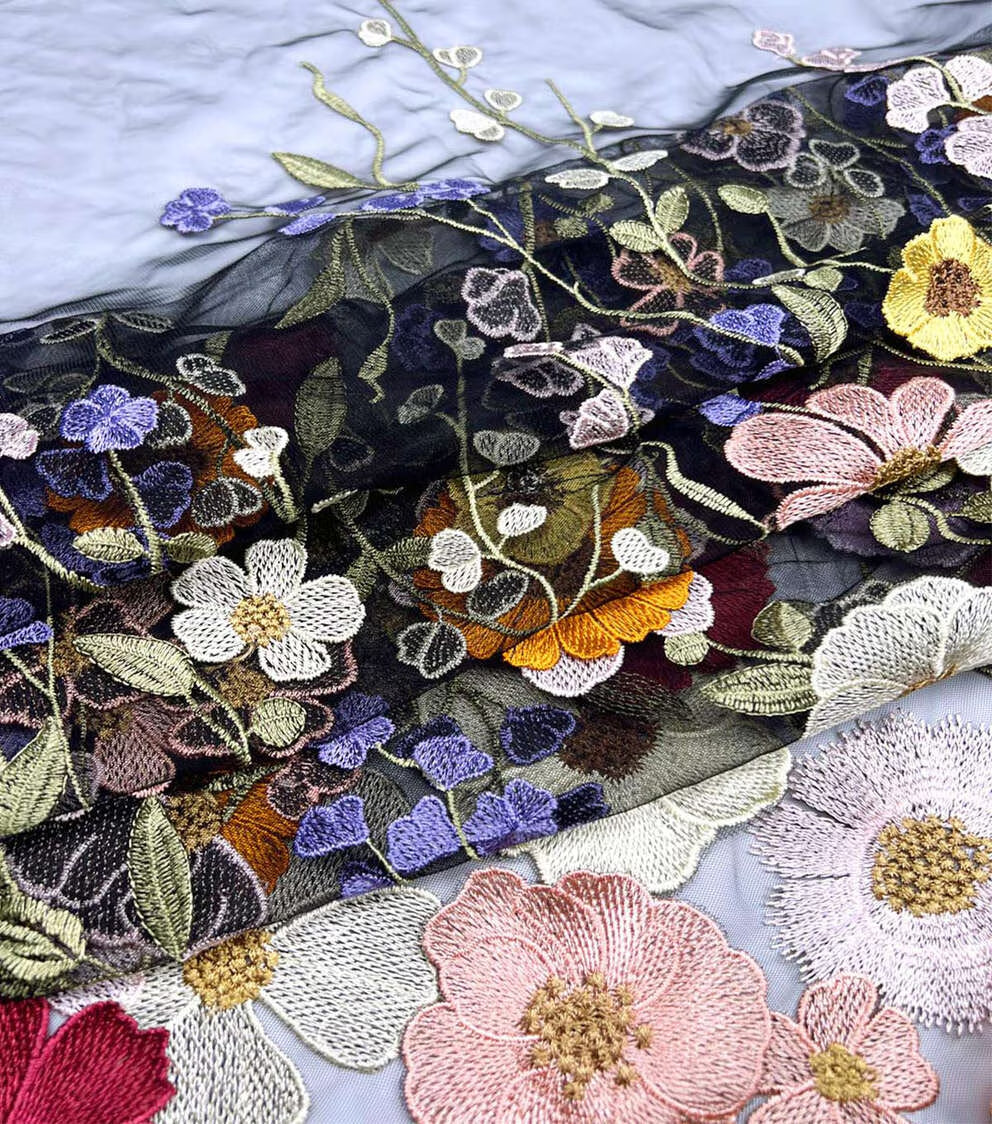 Multicolor 3D Embellished Floral on Black Mesh Fabric